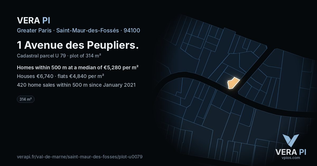 1 Avenue des Peupliers, Saint-Maur-des-Fossés at night – the plot lit, the parcels around coloured by the prices near them