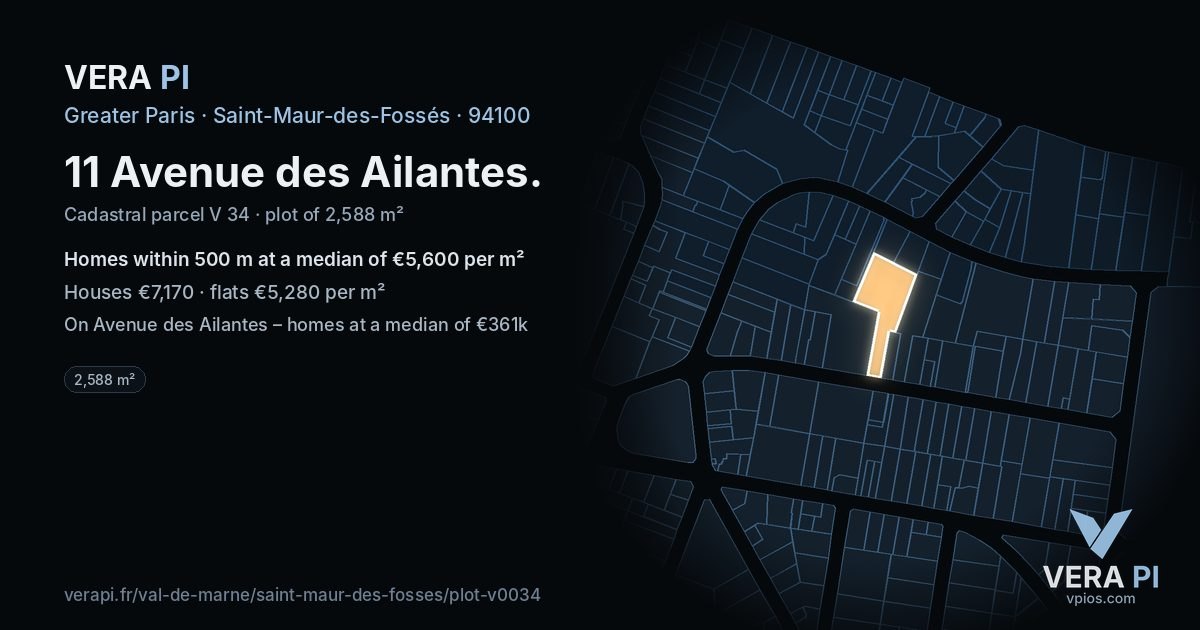 11 Avenue des Ailantes, Saint-Maur-des-Fossés at night – the plot lit, the parcels around coloured by the prices near them