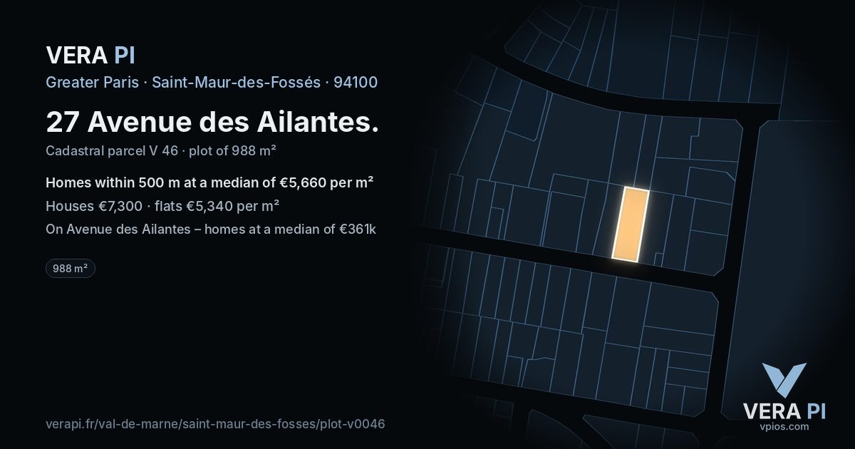 27 Avenue des Ailantes, Saint-Maur-des-Fossés at night – the plot lit, the parcels around coloured by the prices near them
