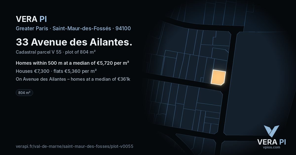 33 Avenue des Ailantes, Saint-Maur-des-Fossés at night – the plot lit, the parcels around coloured by the prices near them