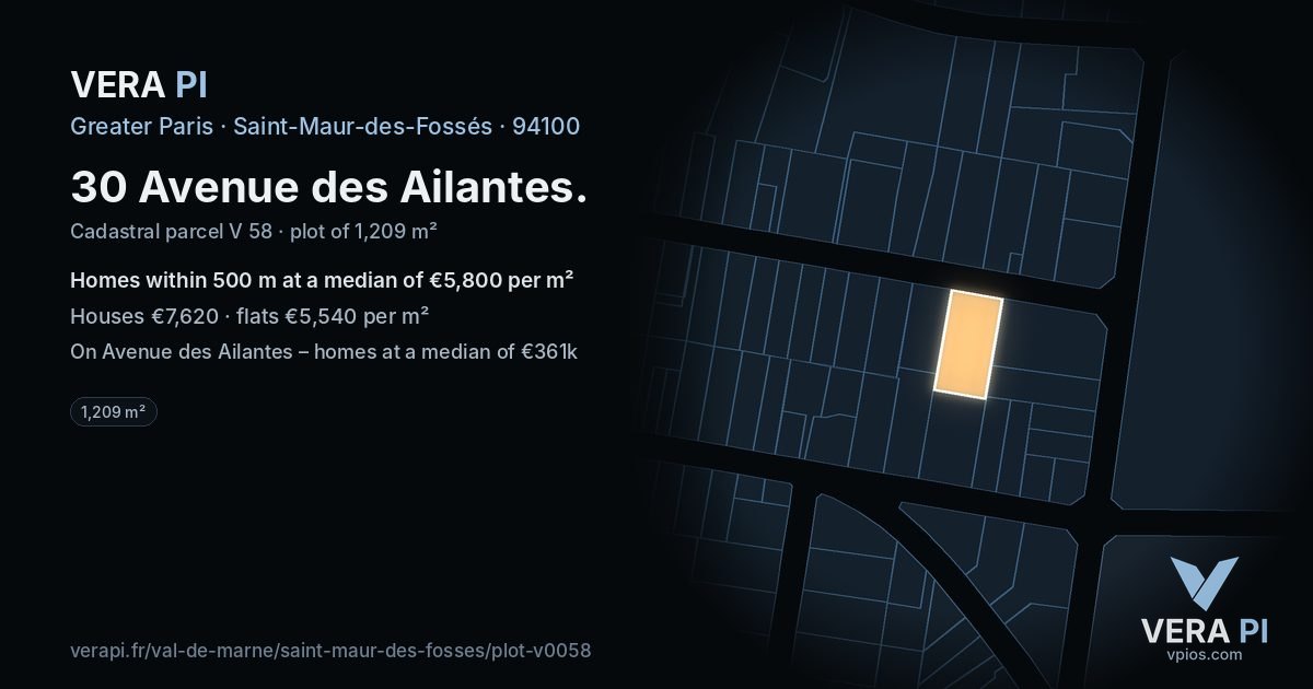30 Avenue des Ailantes, Saint-Maur-des-Fossés at night – the plot lit, the parcels around coloured by the prices near them