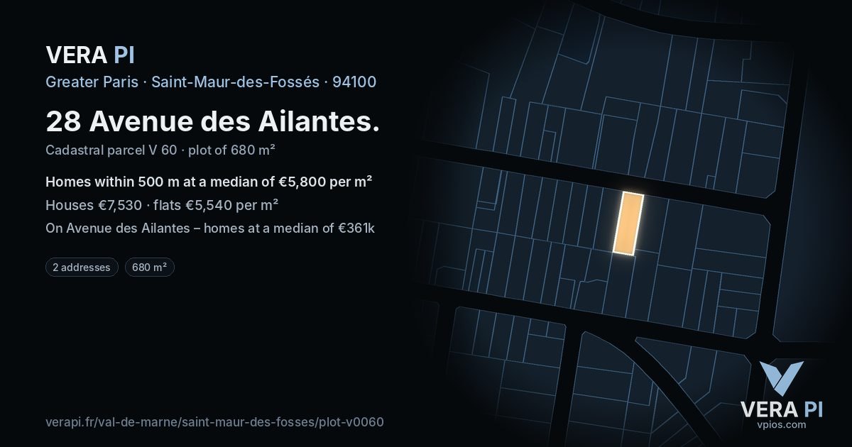 28 Avenue des Ailantes, Saint-Maur-des-Fossés at night – the plot lit, the parcels around coloured by the prices near them