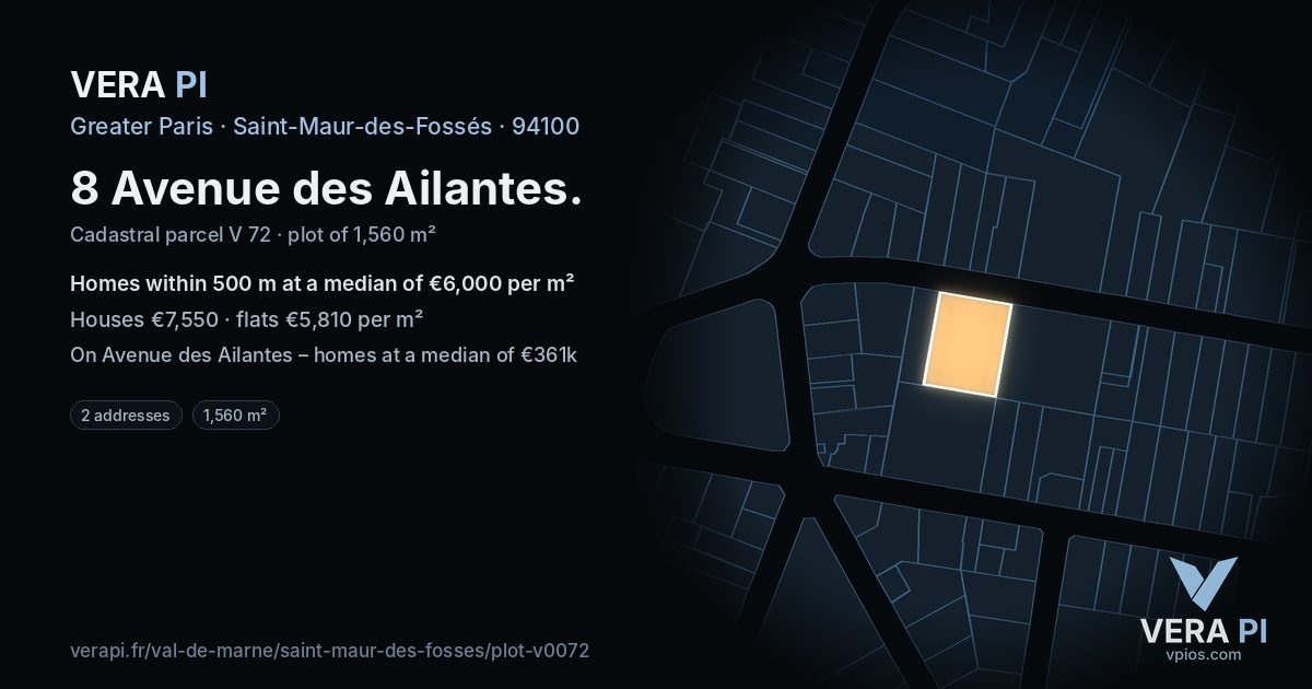 8 Avenue des Ailantes, Saint-Maur-des-Fossés at night – the plot lit, the parcels around coloured by the prices near them