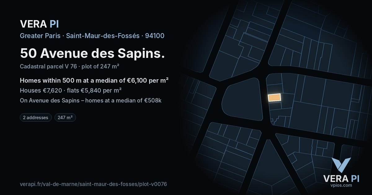 50 Avenue des Sapins, Saint-Maur-des-Fossés at night – the plot lit, the parcels around coloured by the prices near them