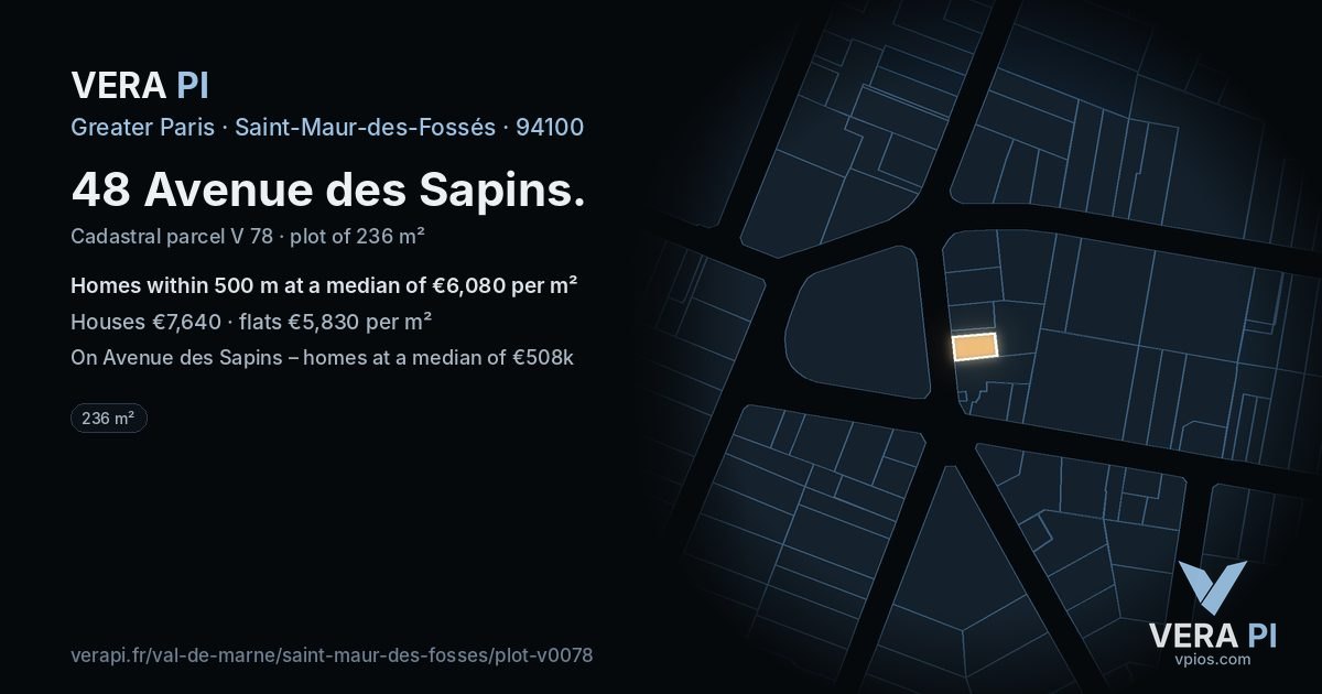 48 Avenue des Sapins, Saint-Maur-des-Fossés at night – the plot lit, the parcels around coloured by the prices near them