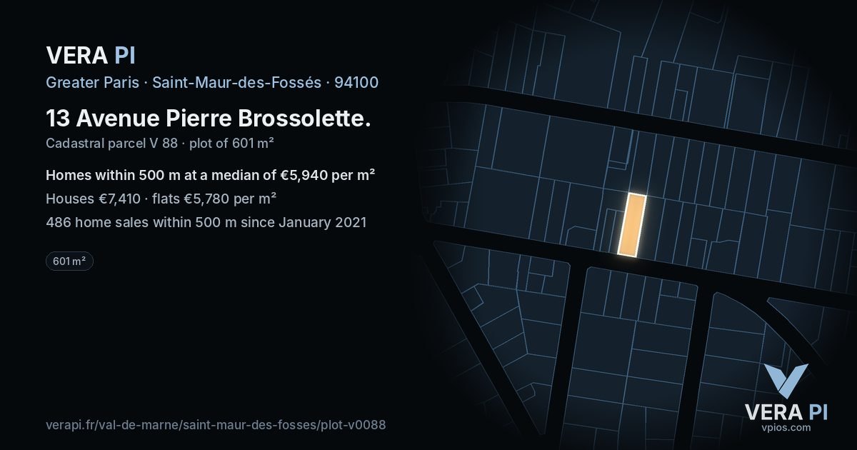 13 Avenue Pierre Brossolette, Saint-Maur-des-Fossés at night – the plot lit, the parcels around coloured by the prices near them