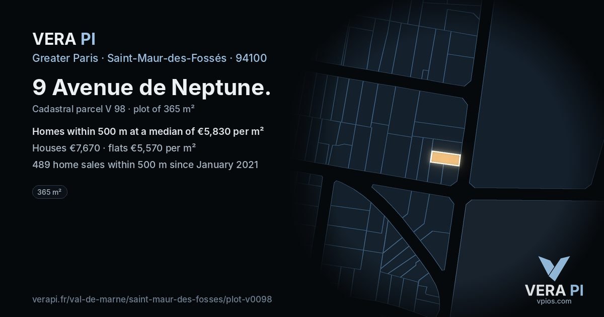 9 Avenue de Neptune, Saint-Maur-des-Fossés at night – the plot lit, the parcels around coloured by the prices near them