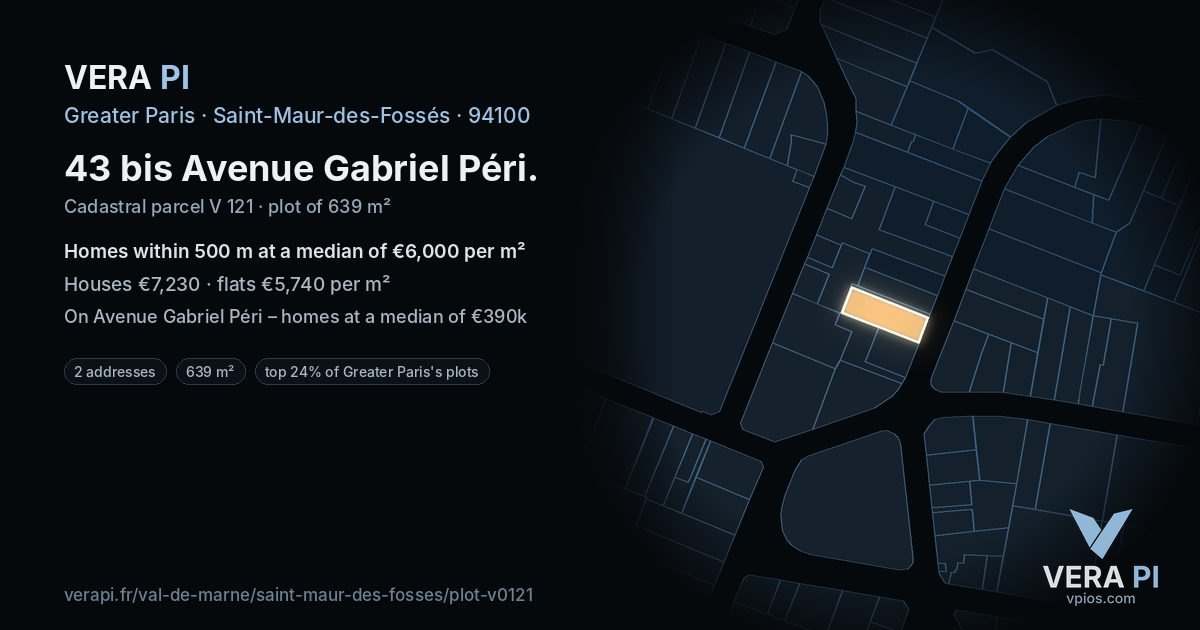 43 bis Avenue Gabriel Péri, Saint-Maur-des-Fossés at night – the plot lit, the parcels around coloured by the prices near them
