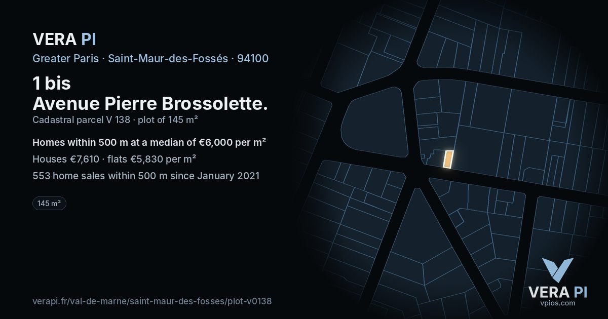 1 bis Avenue Pierre Brossolette, Saint-Maur-des-Fossés at night – the plot lit, the parcels around coloured by the prices near them