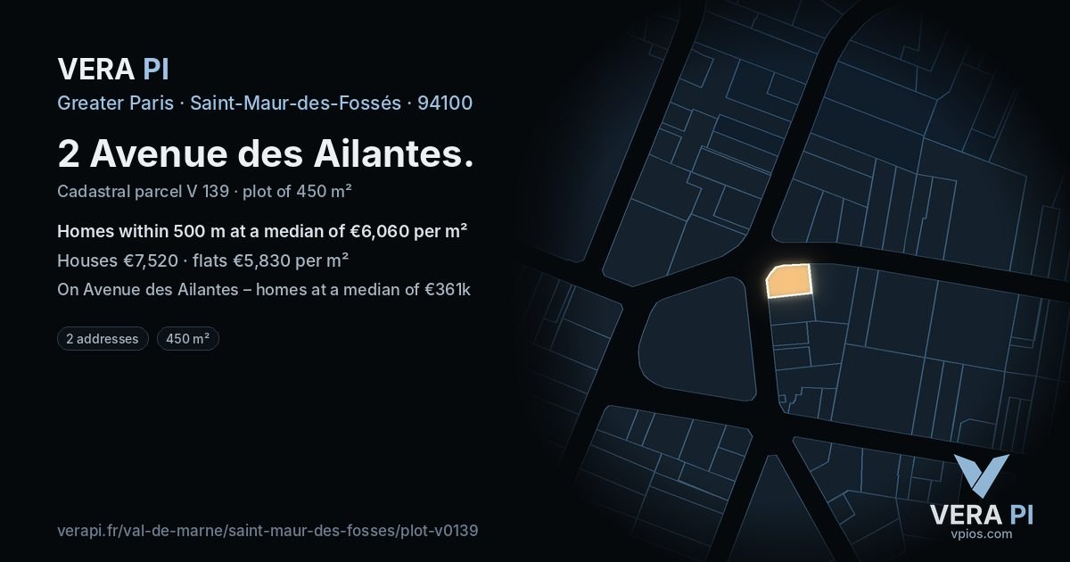 2 Avenue des Ailantes, Saint-Maur-des-Fossés at night – the plot lit, the parcels around coloured by the prices near them
