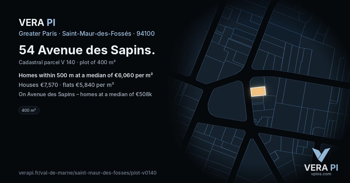 54 Avenue des Sapins, Saint-Maur-des-Fossés at night – the plot lit, the parcels around coloured by the prices near them