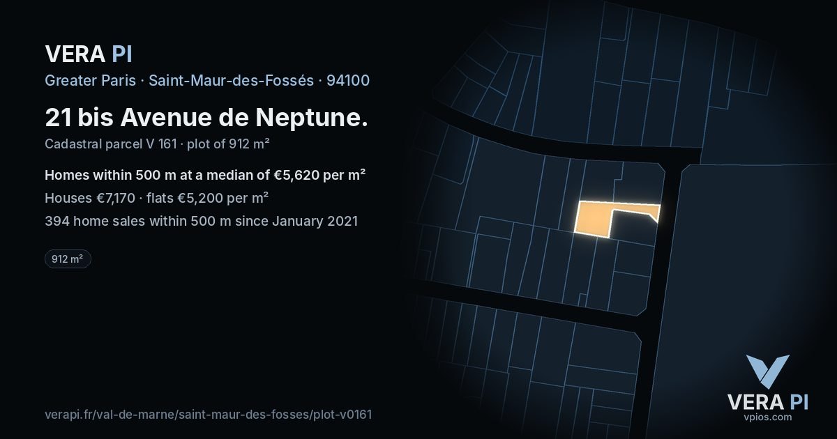 21 bis Avenue de Neptune, Saint-Maur-des-Fossés at night – the plot lit, the parcels around coloured by the prices near them