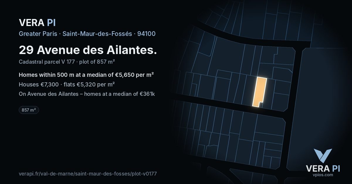 29 Avenue des Ailantes, Saint-Maur-des-Fossés at night – the plot lit, the parcels around coloured by the prices near them