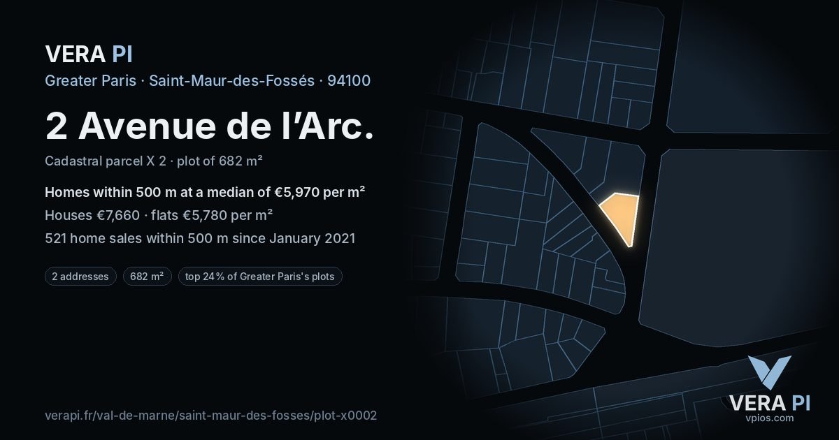2 Avenue de l’Arc, Saint-Maur-des-Fossés at night – the plot lit, the parcels around coloured by the prices near them