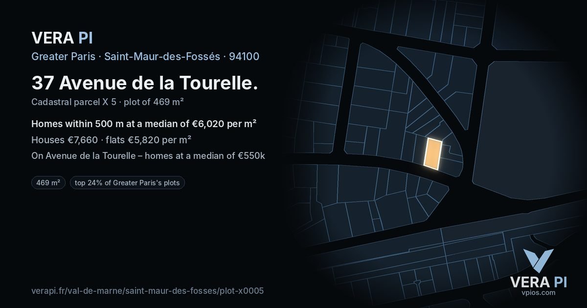 37 Avenue de la Tourelle, Saint-Maur-des-Fossés at night – the plot lit, the parcels around coloured by the prices near them