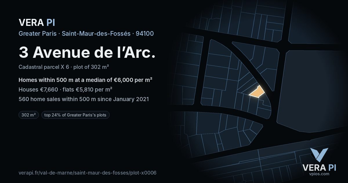 3 Avenue de l’Arc, Saint-Maur-des-Fossés at night – the plot lit, the parcels around coloured by the prices near them