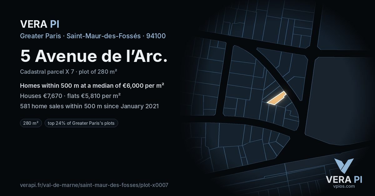5 Avenue de l’Arc, Saint-Maur-des-Fossés at night – the plot lit, the parcels around coloured by the prices near them