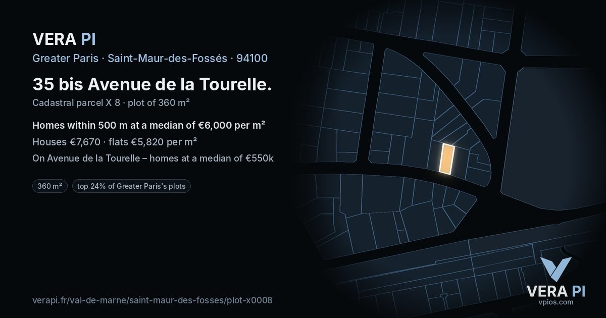35 bis Avenue de la Tourelle, Saint-Maur-des-Fossés at night – the plot lit, the parcels around coloured by the prices near them