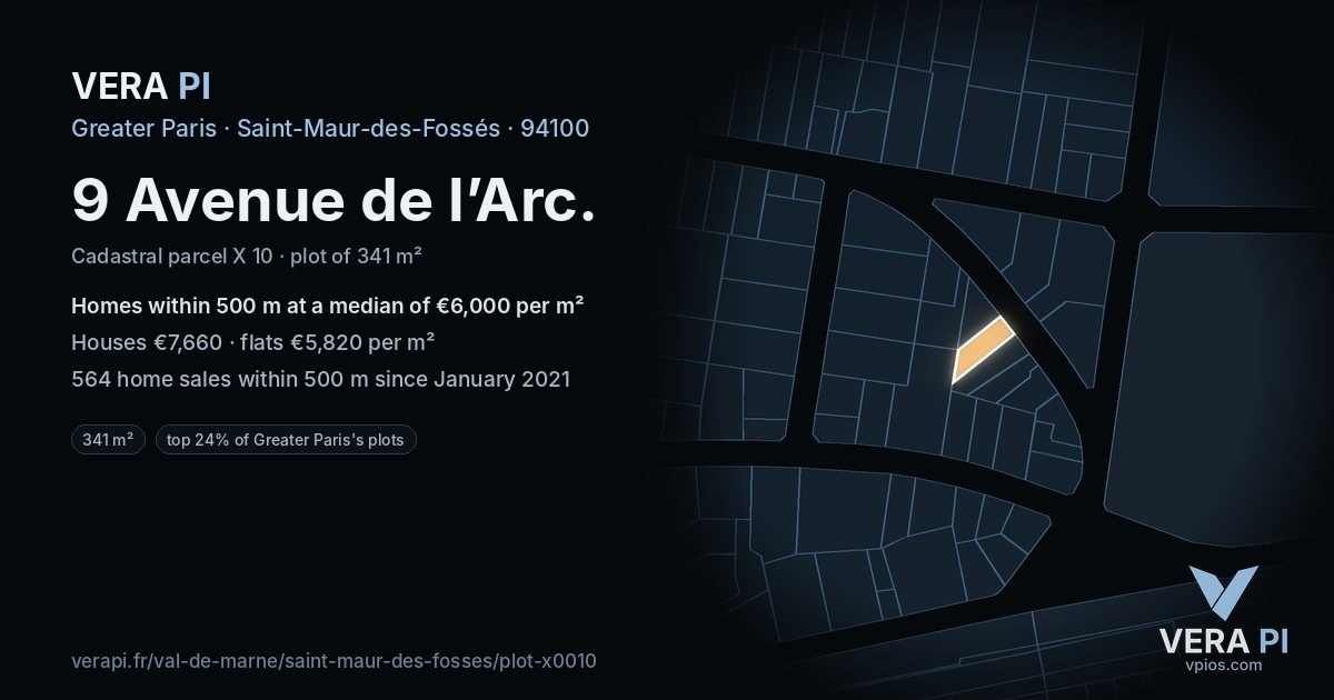 9 Avenue de l’Arc, Saint-Maur-des-Fossés at night – the plot lit, the parcels around coloured by the prices near them