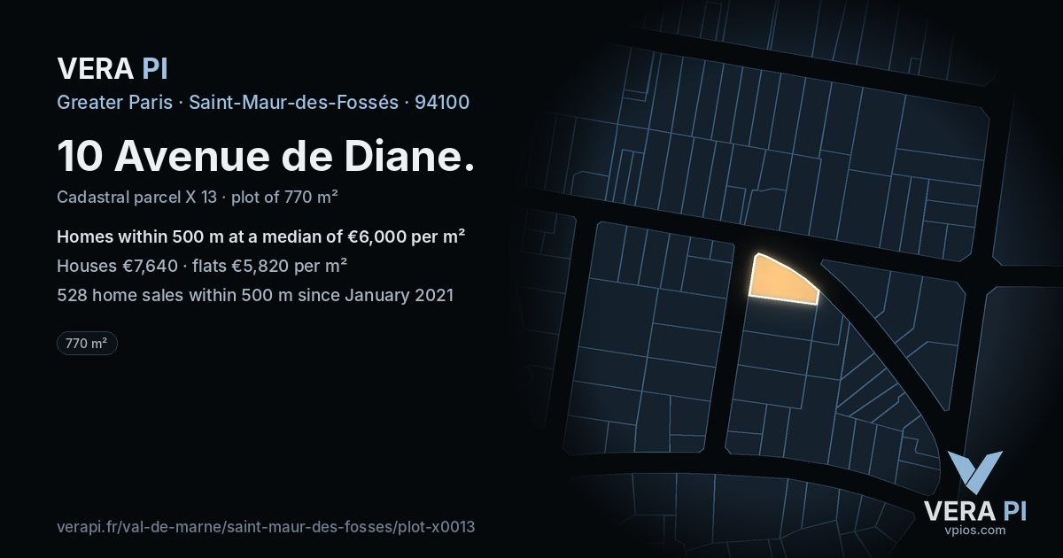 10 Avenue de Diane, Saint-Maur-des-Fossés at night – the plot lit, the parcels around coloured by the prices near them
