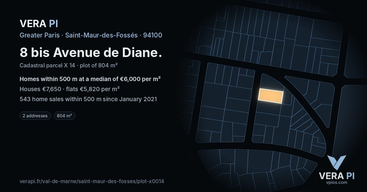 8 bis Avenue de Diane, Saint-Maur-des-Fossés at night – the plot lit, the parcels around coloured by the prices near them