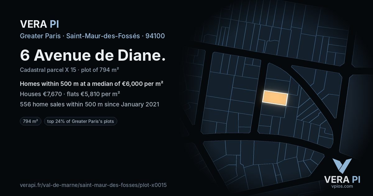 6 Avenue de Diane, Saint-Maur-des-Fossés at night – the plot lit, the parcels around coloured by the prices near them