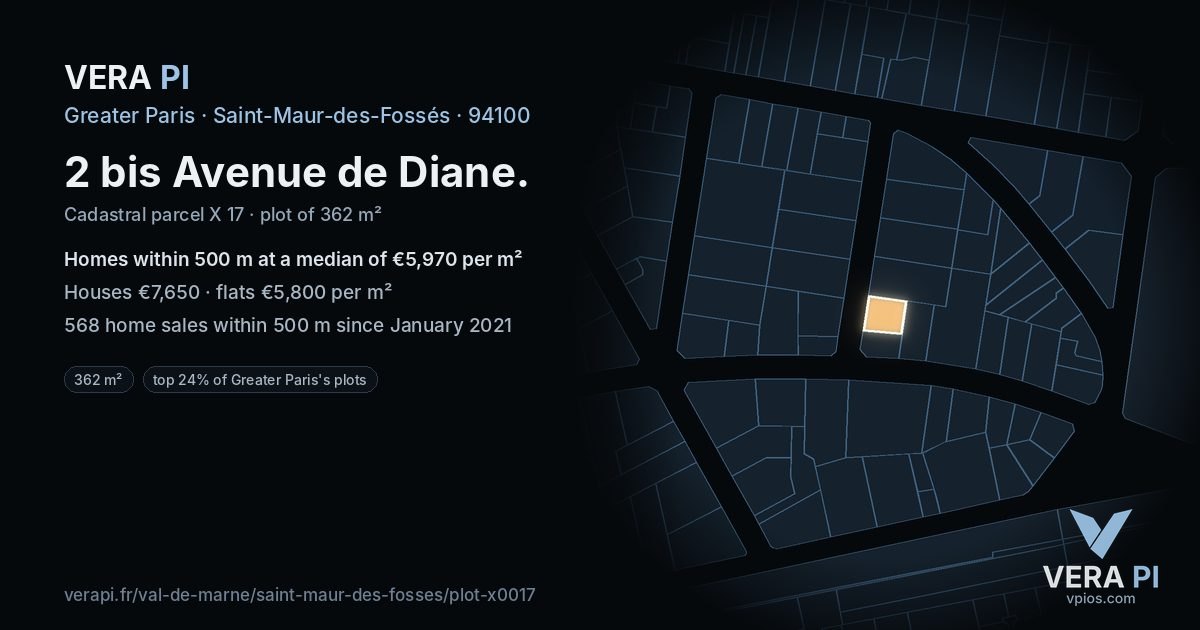 2 bis Avenue de Diane, Saint-Maur-des-Fossés at night – the plot lit, the parcels around coloured by the prices near them
