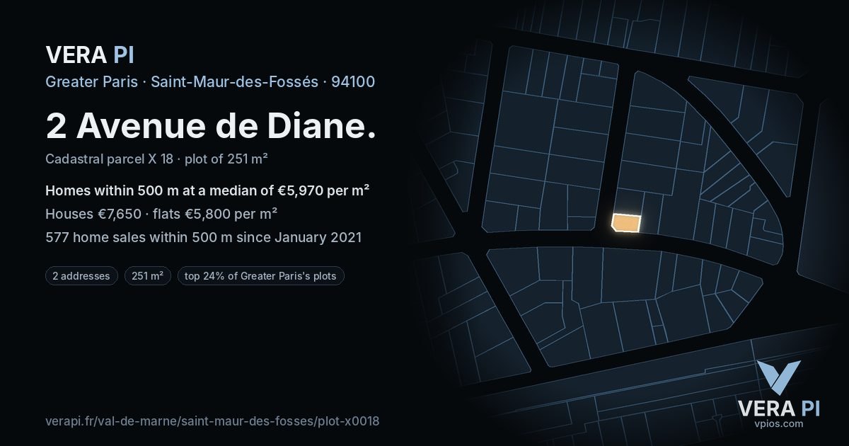 2 Avenue de Diane, Saint-Maur-des-Fossés at night – the plot lit, the parcels around coloured by the prices near them