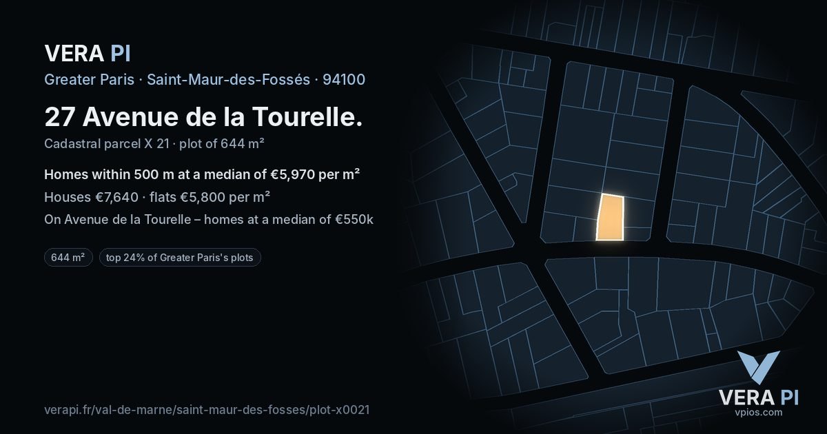 27 Avenue de la Tourelle, Saint-Maur-des-Fossés at night – the plot lit, the parcels around coloured by the prices near them
