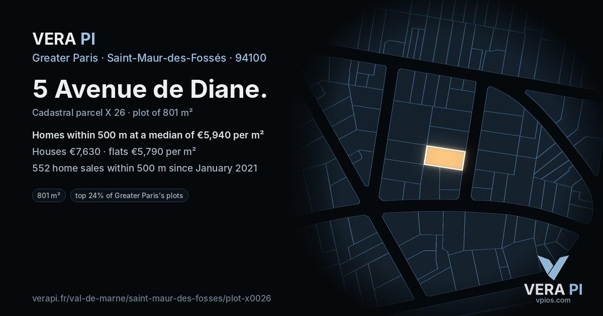 5 Avenue de Diane, Saint-Maur-des-Fossés at night – the plot lit, the parcels around coloured by the prices near them