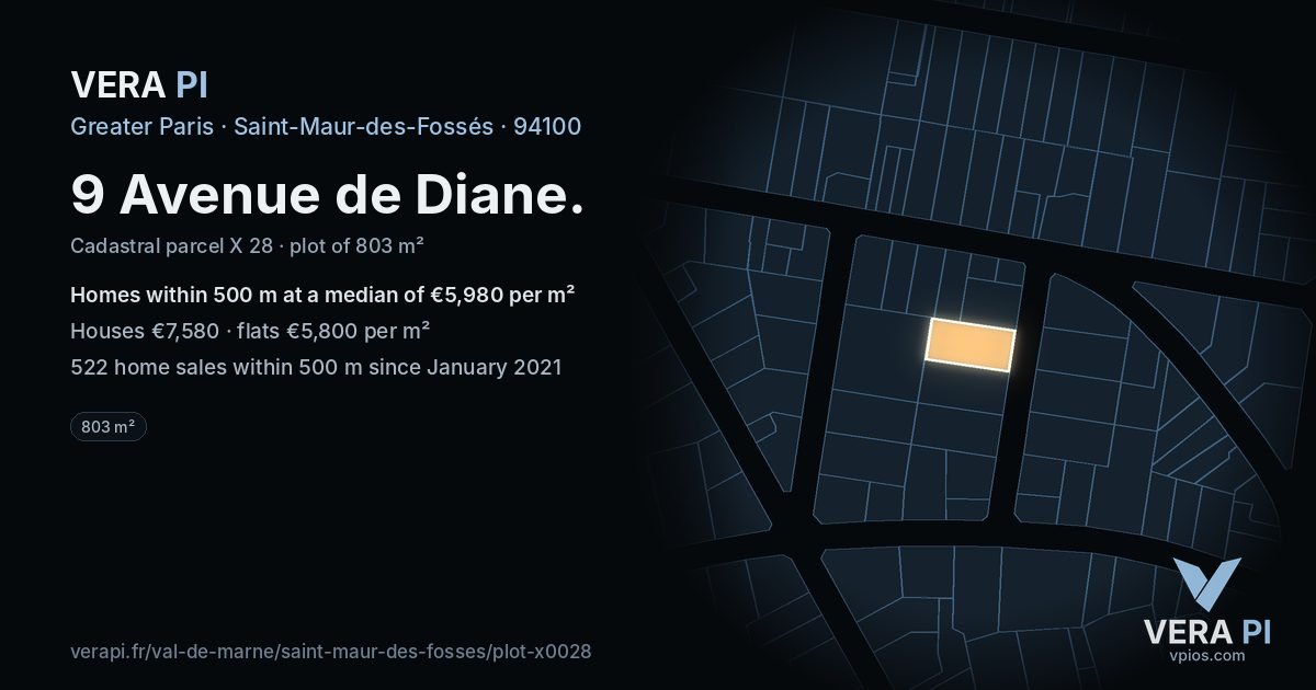 9 Avenue de Diane, Saint-Maur-des-Fossés at night – the plot lit, the parcels around coloured by the prices near them
