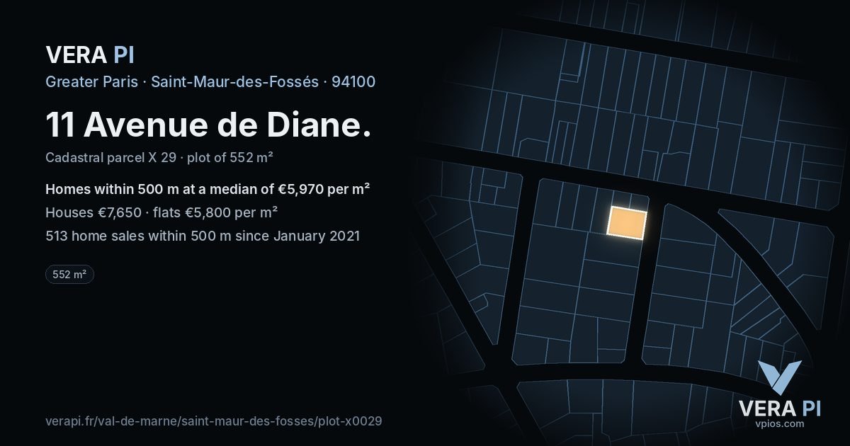 11 Avenue de Diane, Saint-Maur-des-Fossés at night – the plot lit, the parcels around coloured by the prices near them