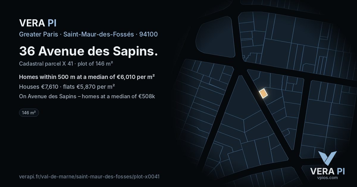 36 Avenue des Sapins, Saint-Maur-des-Fossés at night – the plot lit, the parcels around coloured by the prices near them