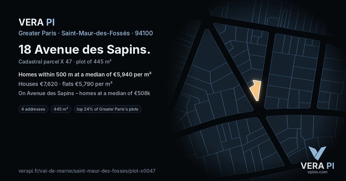18 Avenue des Sapins, Saint-Maur-des-Fossés at night – the plot lit, the parcels around coloured by the prices near them