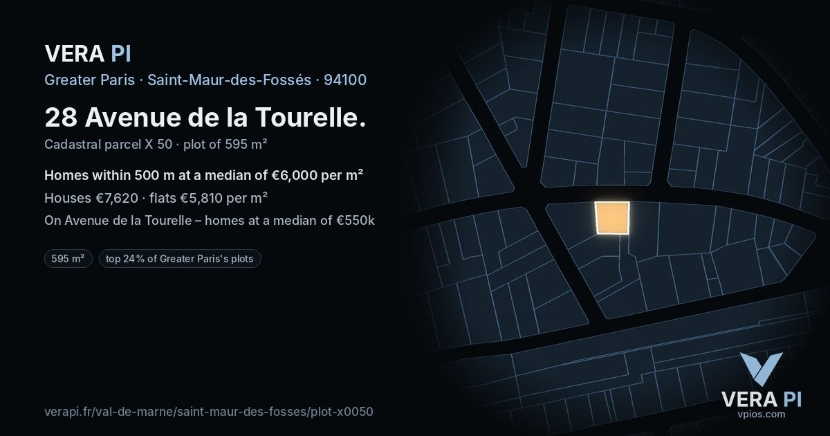 28 Avenue de la Tourelle, Saint-Maur-des-Fossés at night – the plot lit, the parcels around coloured by the prices near them