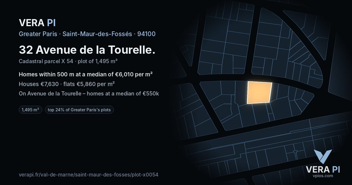 32 Avenue de la Tourelle, Saint-Maur-des-Fossés at night – the plot lit, the parcels around coloured by the prices near them