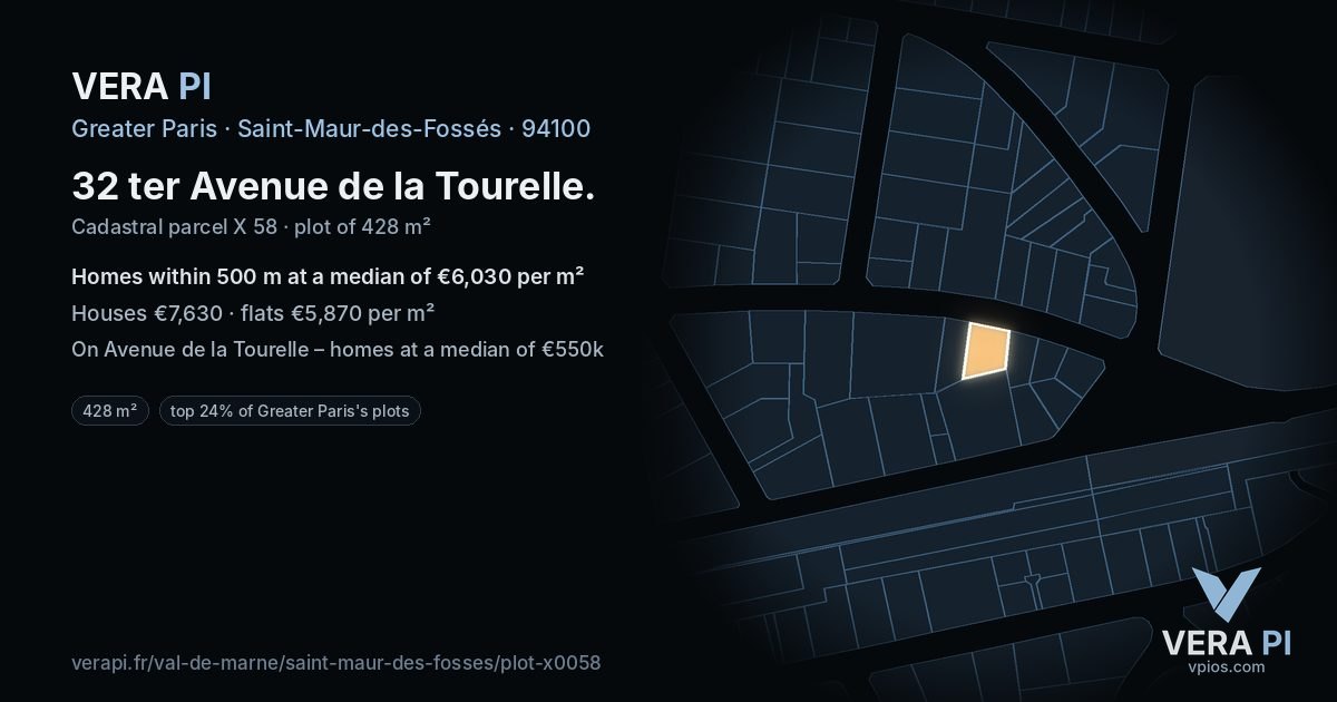 32 ter Avenue de la Tourelle, Saint-Maur-des-Fossés at night – the plot lit, the parcels around coloured by the prices near them
