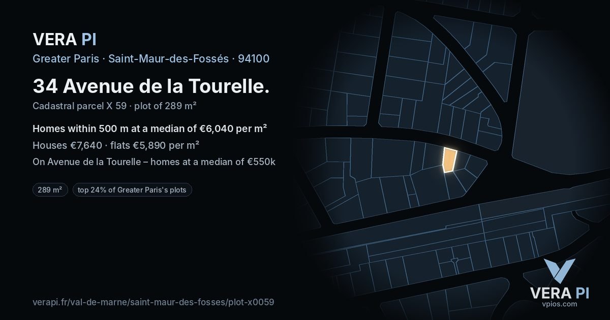 34 Avenue de la Tourelle, Saint-Maur-des-Fossés at night – the plot lit, the parcels around coloured by the prices near them