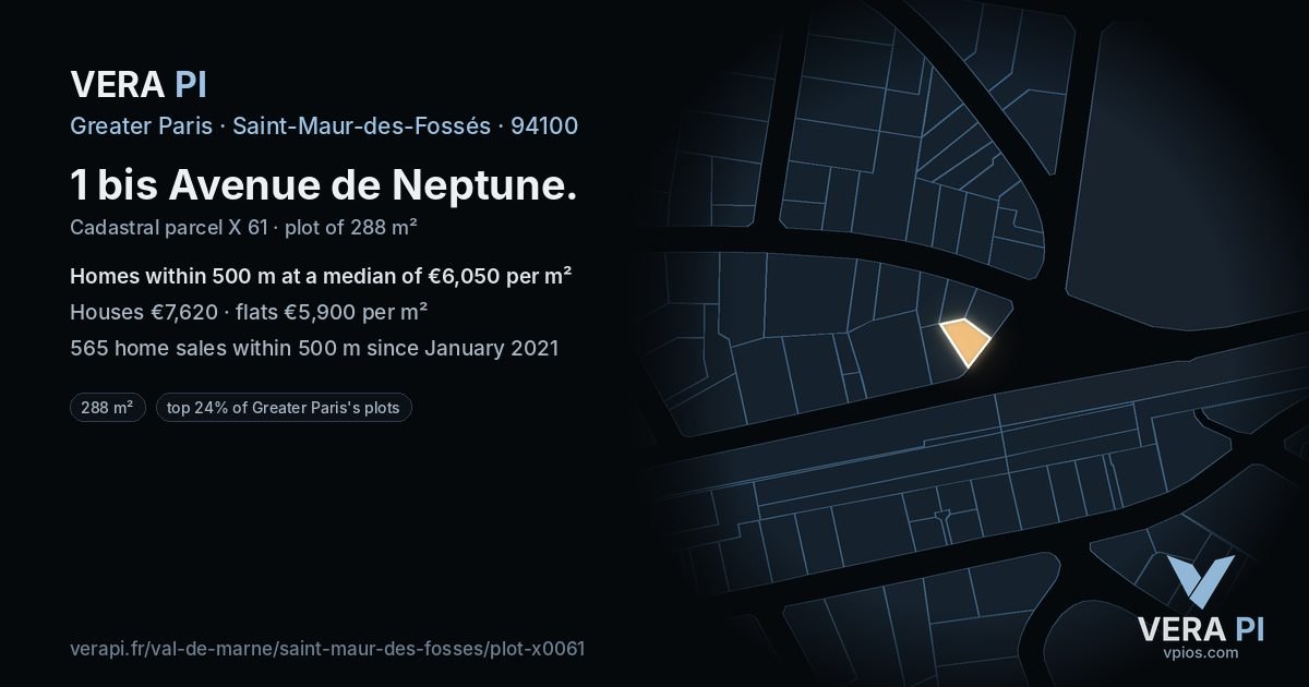 1 bis Avenue de Neptune, Saint-Maur-des-Fossés at night – the plot lit, the parcels around coloured by the prices near them