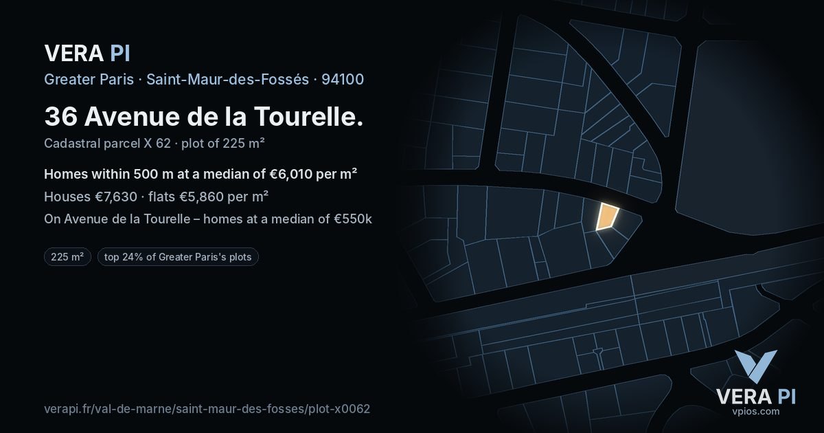 36 Avenue de la Tourelle, Saint-Maur-des-Fossés at night – the plot lit, the parcels around coloured by the prices near them