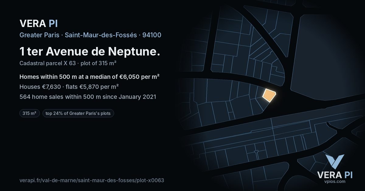 1 ter Avenue de Neptune, Saint-Maur-des-Fossés at night – the plot lit, the parcels around coloured by the prices near them