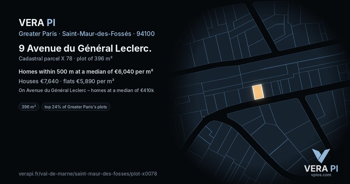 9 Avenue du Général Leclerc, Saint-Maur-des-Fossés at night – the plot lit, the parcels around coloured by the prices near them