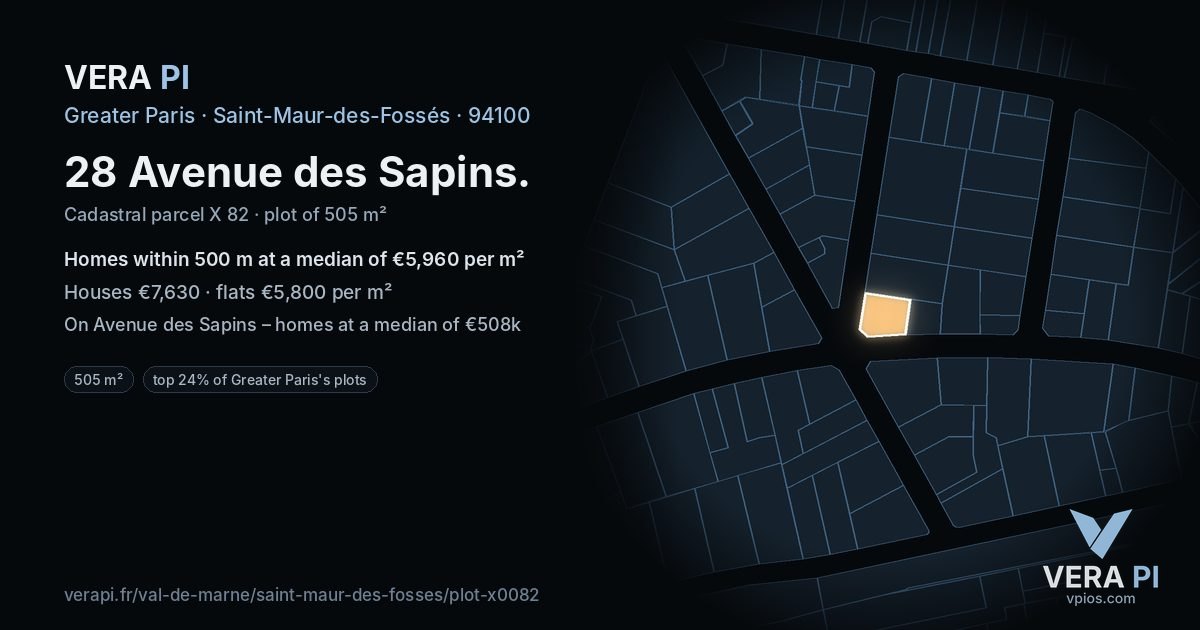28 Avenue des Sapins, Saint-Maur-des-Fossés at night – the plot lit, the parcels around coloured by the prices near them