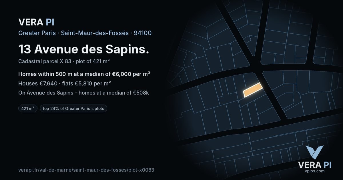 13 Avenue des Sapins, Saint-Maur-des-Fossés at night – the plot lit, the parcels around coloured by the prices near them