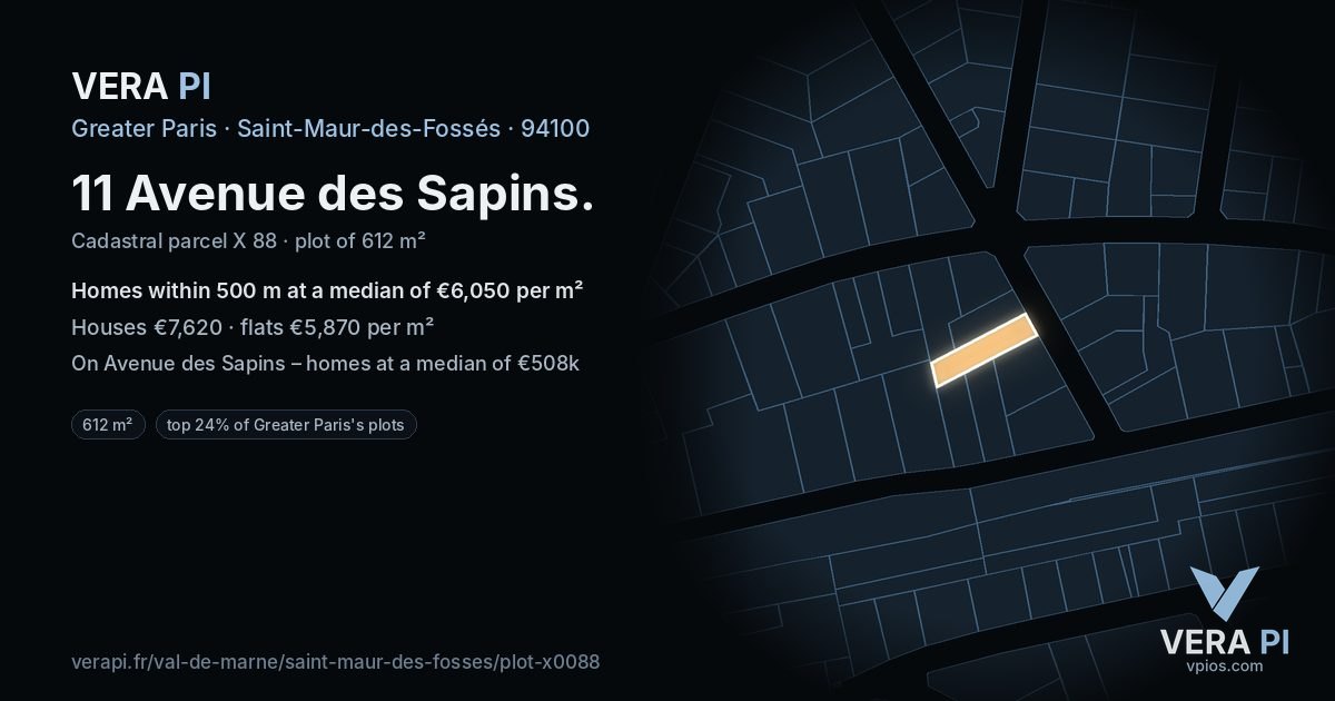11 Avenue des Sapins, Saint-Maur-des-Fossés at night – the plot lit, the parcels around coloured by the prices near them