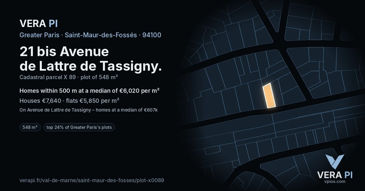 21 bis Avenue de Lattre de Tassigny, Saint-Maur-des-Fossés at night – the plot lit, the parcels around coloured by the prices near them