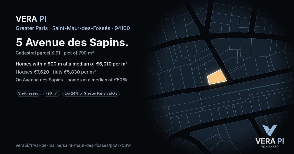 5 Avenue des Sapins, Saint-Maur-des-Fossés at night – the plot lit, the parcels around coloured by the prices near them