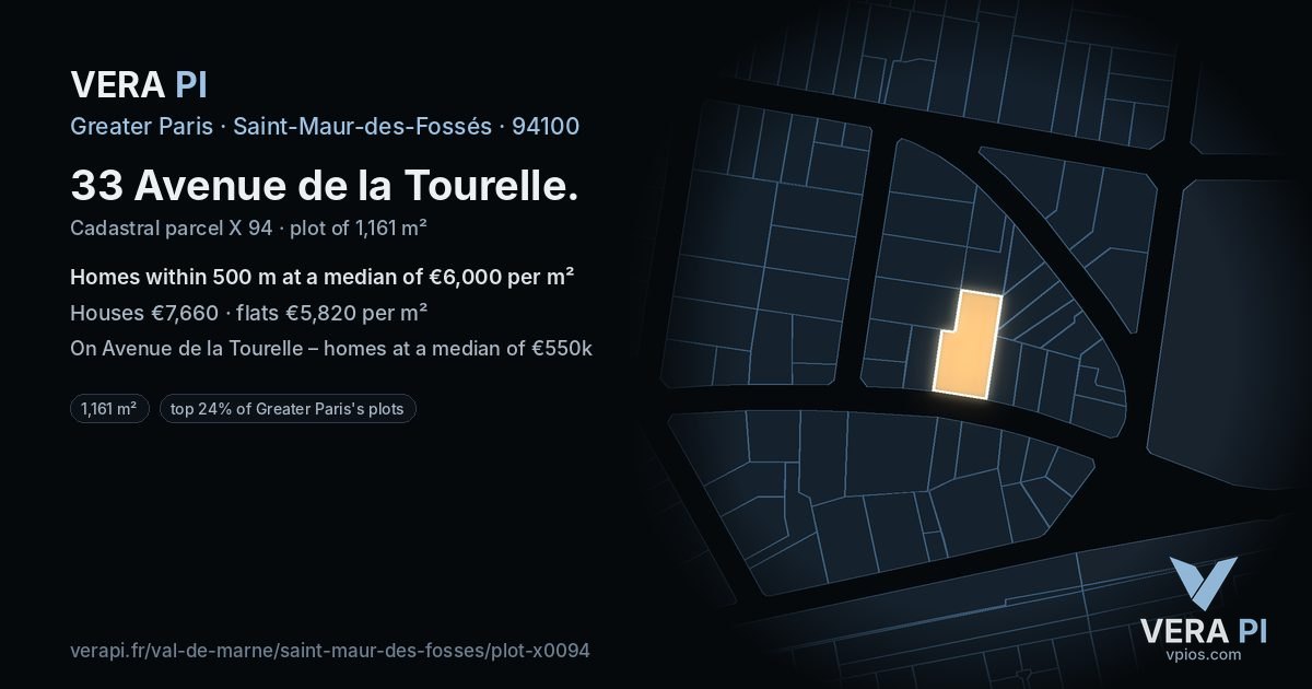 33 Avenue de la Tourelle, Saint-Maur-des-Fossés at night – the plot lit, the parcels around coloured by the prices near them