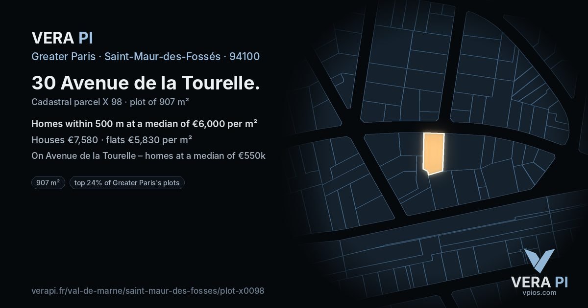 30 Avenue de la Tourelle, Saint-Maur-des-Fossés at night – the plot lit, the parcels around coloured by the prices near them