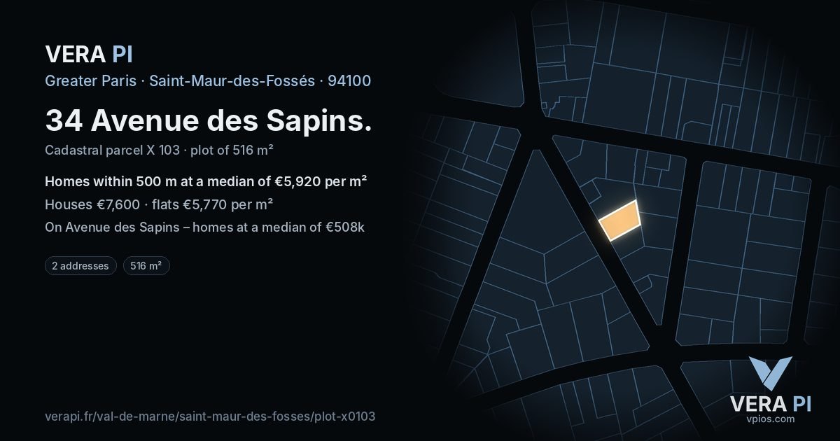 34 Avenue des Sapins, Saint-Maur-des-Fossés at night – the plot lit, the parcels around coloured by the prices near them